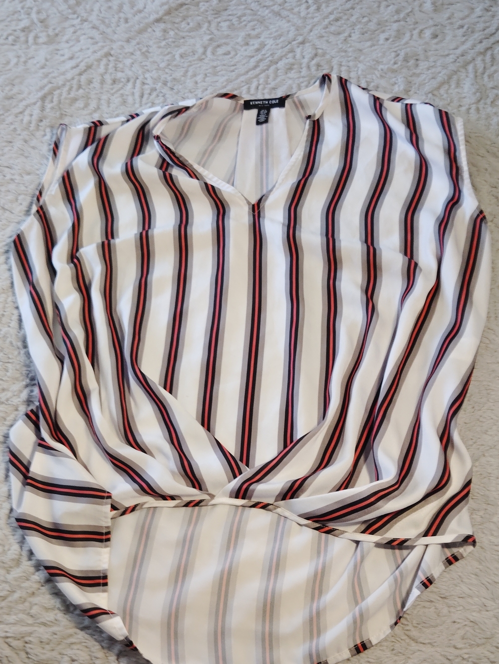 Kenneth Cole New York White V-Neck Blouse with Black and Red Stripes